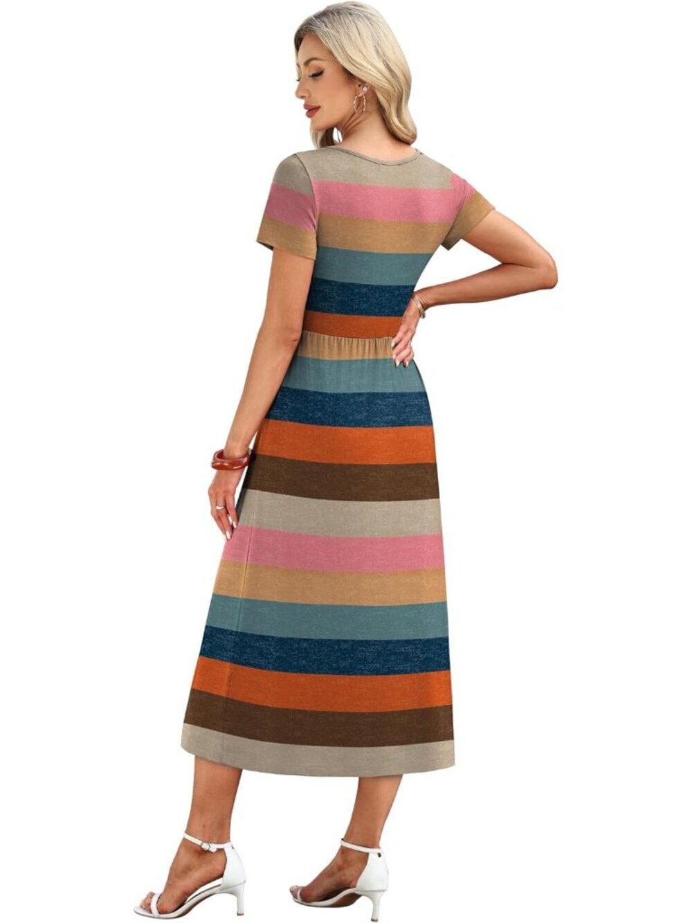 Women's Boho Retro Stripe Summer Flowy A-Line Midi Beach Vacation Sundresses - Picture 5 of 5